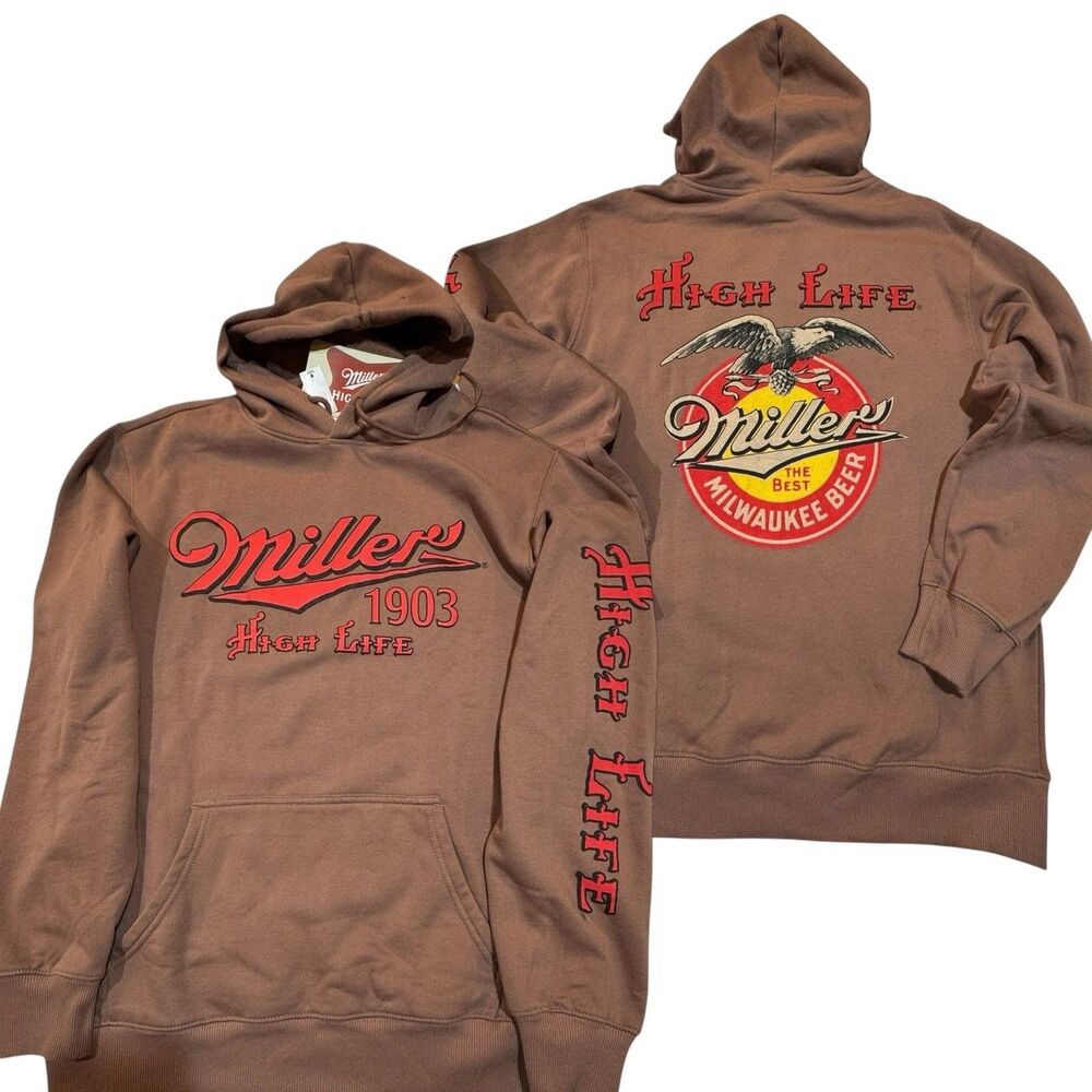 Miller High Life 1903 Mad Engine Men’s L Double‎ Sided Graphic Brown Hoodie NWT